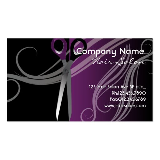 purple and black hair salon business cards (front side)