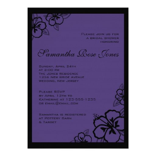 Purple and Black Hibiscus Flowers Bridal Shower Announcements