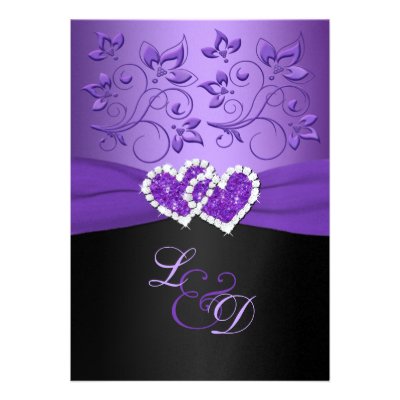 Purple and Black Joined Hearts Monogrammed Invite