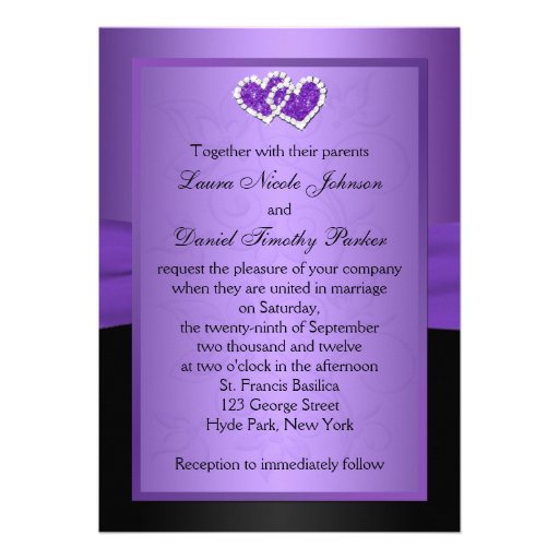 Purple and Black Joined Hearts Monogrammed Invite