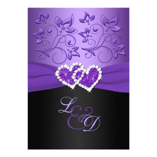 Purple and Black Joined Hearts Monogrammed Invite