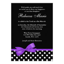 Purple and Black Polka Dots Bow Bat Mitzvah Personalized Invitation