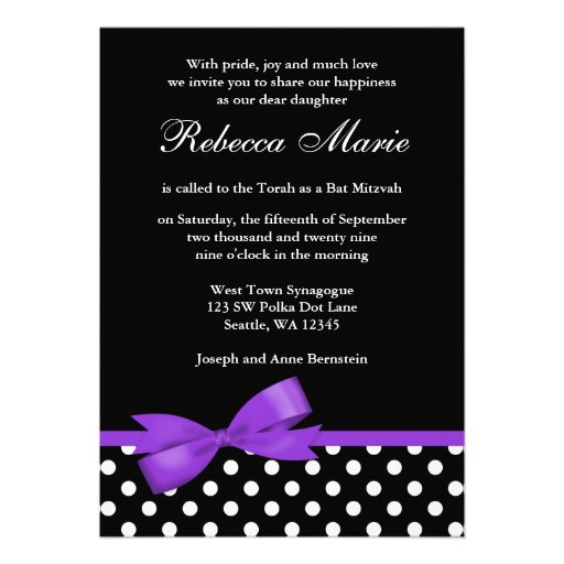 Purple and Black Polka Dots Bow Bat Mitzvah Personalized Invitation (front side)