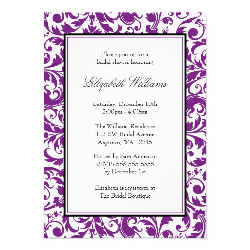 Purple and Black Swirl Damask Bridal Shower Announcement