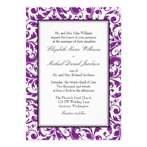 Purple and Black Swirl Damask Wedding Invite