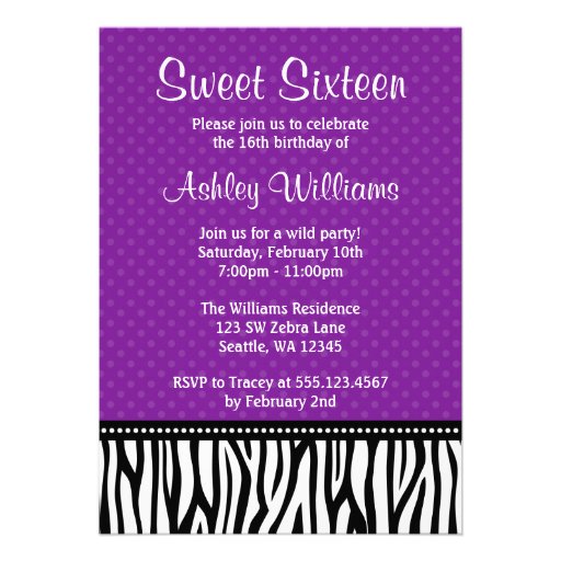 Purple and Black Zebra Polka Dot Sweet 16 Custom Invite