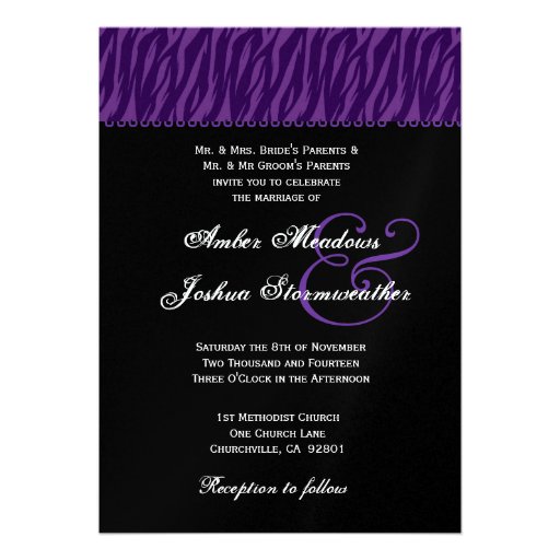 Purple and Black Zebra Print Wedding Metallic Custom Invites