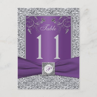 Purple and FAUX Silver Foil Table Number Card Post Card