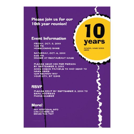 Purple and Gold 10 Year Class Reunion Invitation