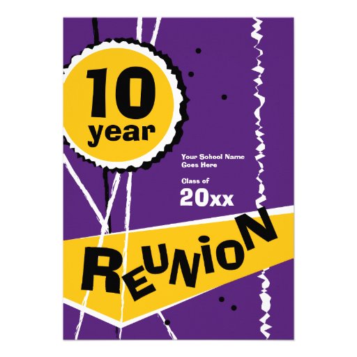 Purple and Gold 10 Year Class Reunion Invitation (front side)