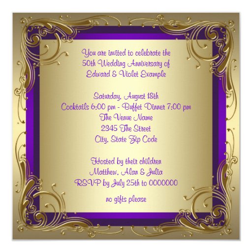 Purple and Gold 50th Wedding Anniversary Party Personalized Invitations (front side)