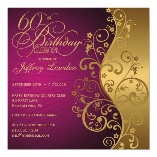 Purple and Gold 60th Birthday Party Invitation (front side)