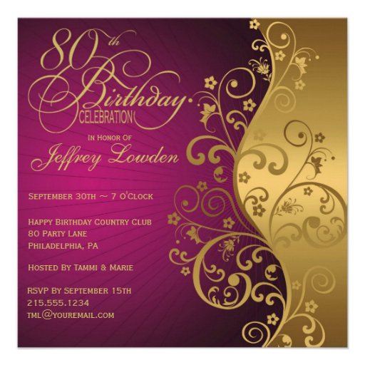 Purple and Gold 80th Birthday Party Invitation (front side)