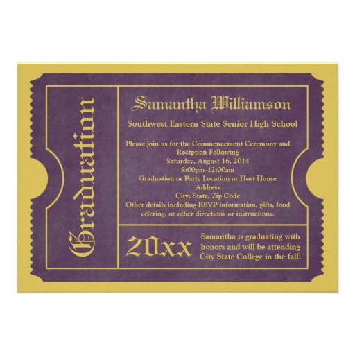 Purple and Gold Graduation Ticket Invitations (front side)