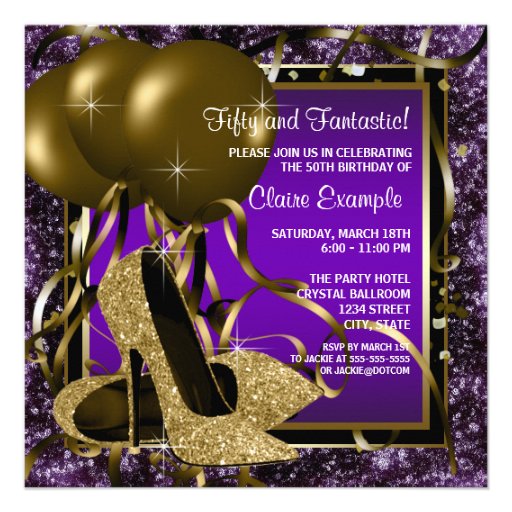 Purple and Gold High Heels Womans Birthday Party Custom Invitations