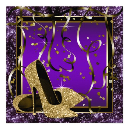 Purple and Gold High Heels Womans Birthday Party Custom Invitations