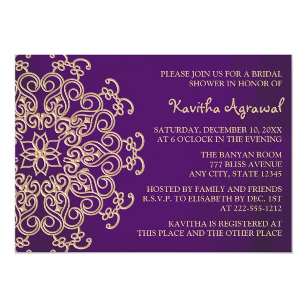 Purple and Gold Indian Inspired Bridal Shower Card (front side)