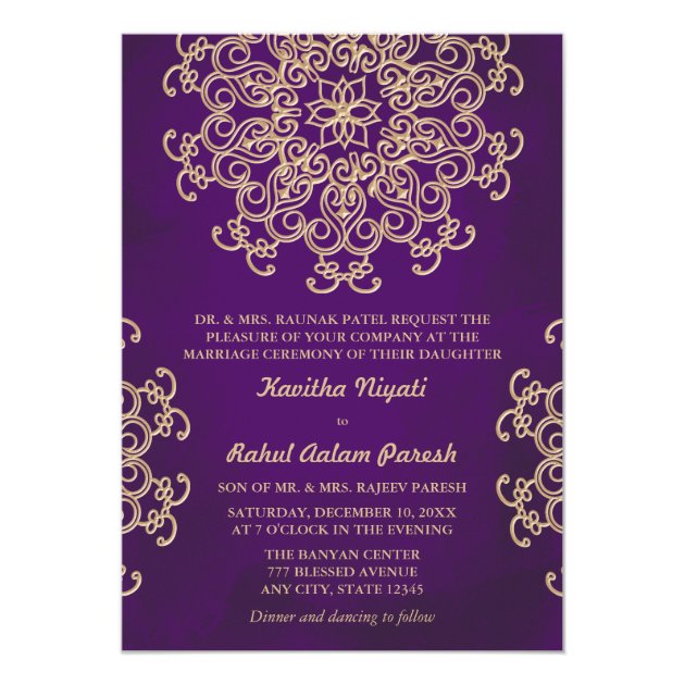 PURPLE AND GOLD INDIAN STYLE WEDDING INVITATION (front side)