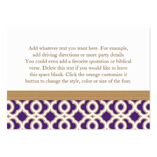 Purple and Gold Moroccan Reception Enclosure Card Business Card Templates (back side)
