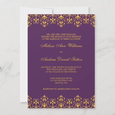 Purple and Gold Vintage Baroque Wedding Invitation by printcreekstudio