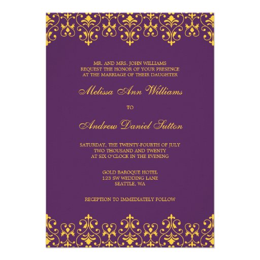 Purple and Gold Vintage Baroque Wedding Invitation