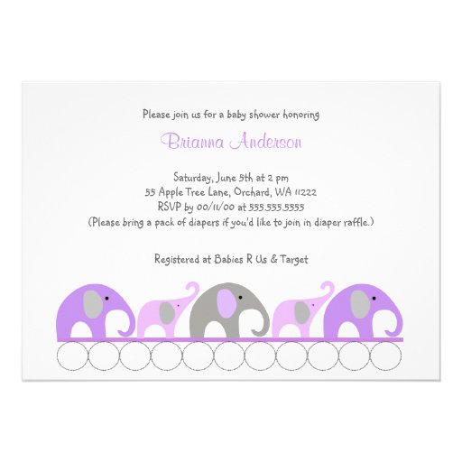 Purple and Gray elephants baby shower invite
