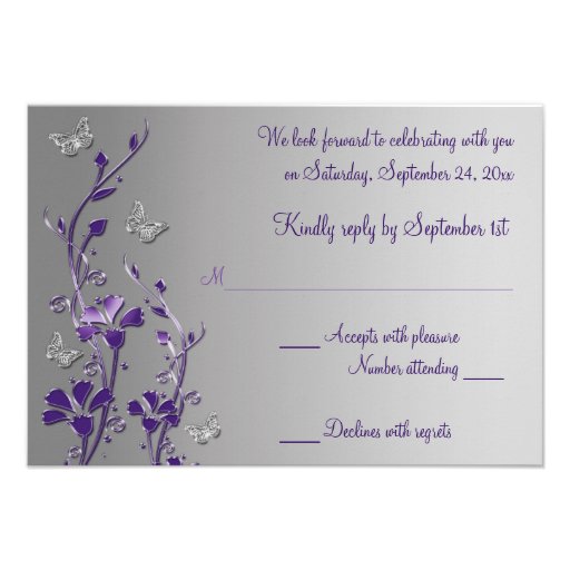 Purple and Gray Floral with Butterflies Reply Card Invitations