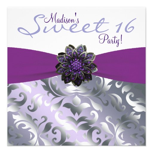 Purple and Gray Sweet 16 Birthday Party Personalized Announcements