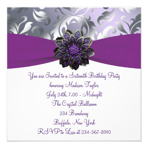 Purple and Gray Sweet 16 Birthday Party Personalized Announcements