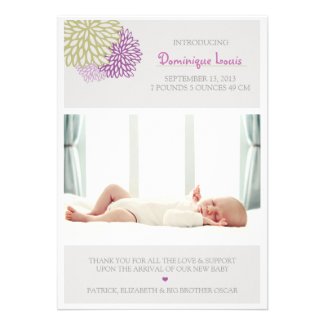 Purple and Green Flowers Photo Birth Announcements