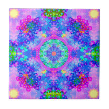Purple and Green Kaleidoscope Fractal Ceramic Tile