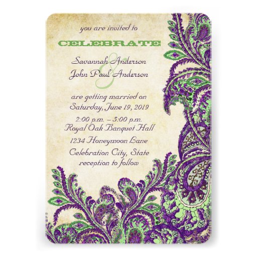 Purple and Green Vintage Peacock Paisley Wedding Custom Invites