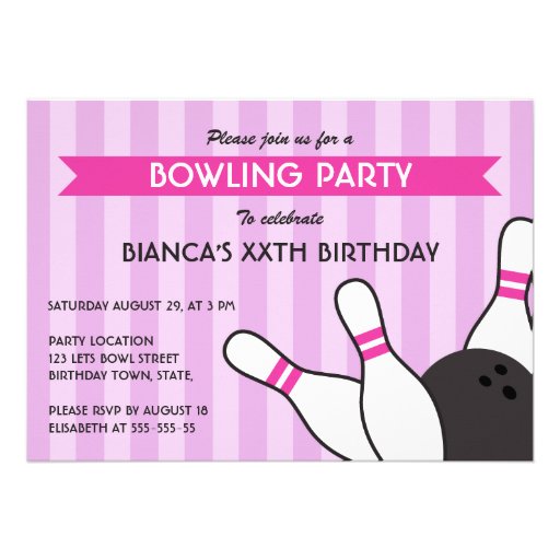 Purple and hot pink modern bowling birthday party personalized announcement