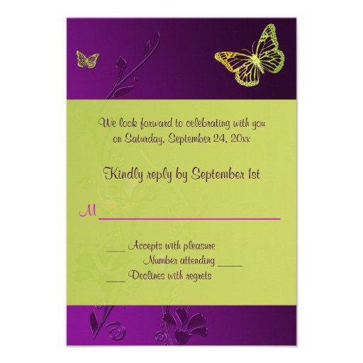 Purple and Lime Floral Butterflies Reply Card Personalized Announcements