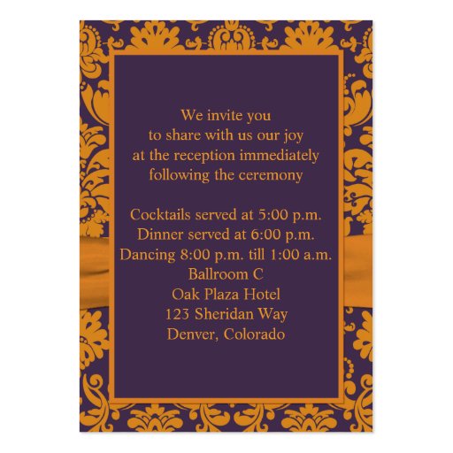 Purple and Orange Damask Enclosure Card Business Cards (back side)