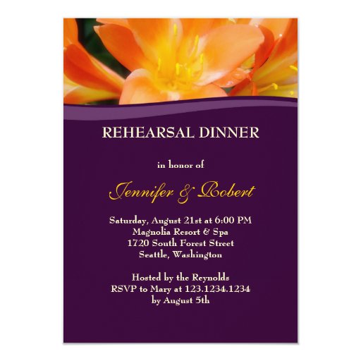 Purple and Orange Rehearsal Dinner Party Personalized Announcement