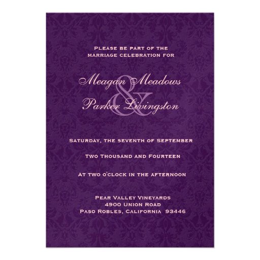 Purple  and Pink Damask Wedding Metallic Cards