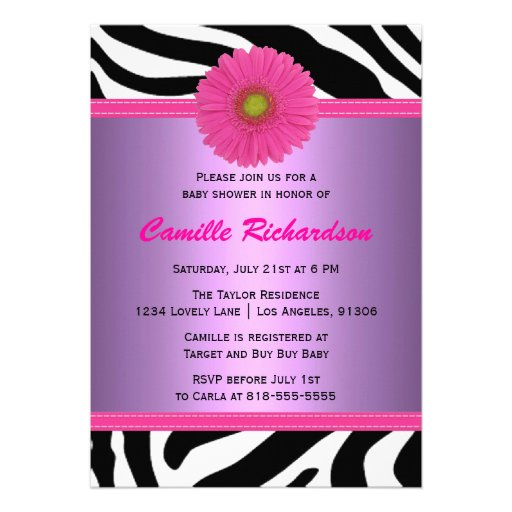 Purple and Pink, Zebra, Girl Baby Shower Custom Invitations