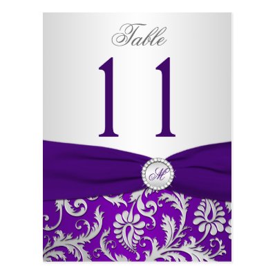 Purple and Silver Damask Table Number Card Post Cards