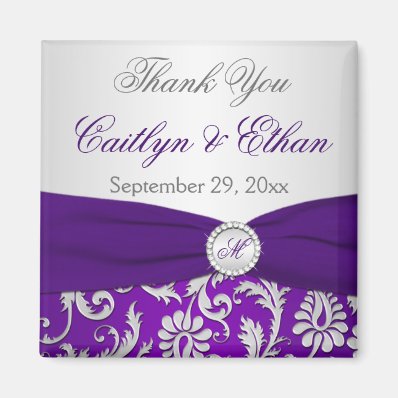 Purple and Silver Damask Wedding Favor Magnet