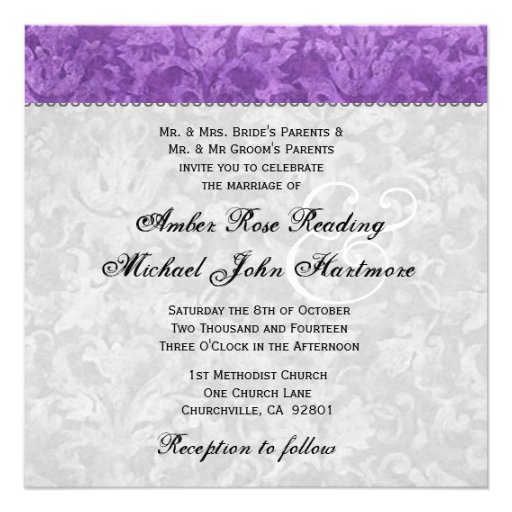 Purple and Silver Damask Wedding Invitation