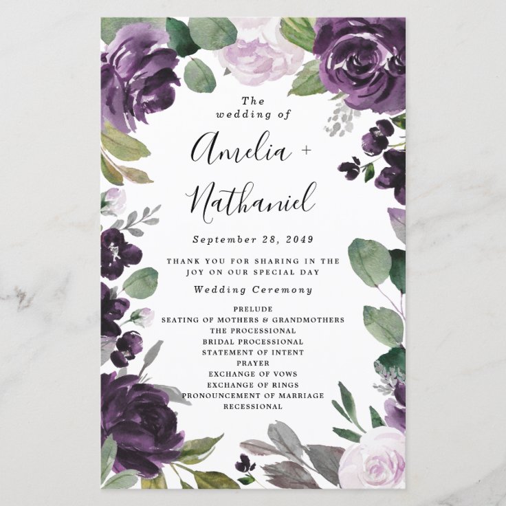 Purple And Silver Elegant Floral Wedding Programs Zazzle