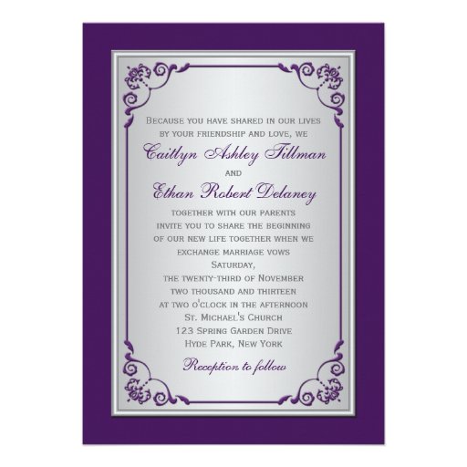 Purple and Silver Floral Photo Wedding Invitation