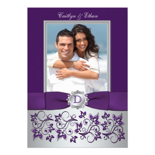 Purple and Silver Floral Photo Wedding Invitation