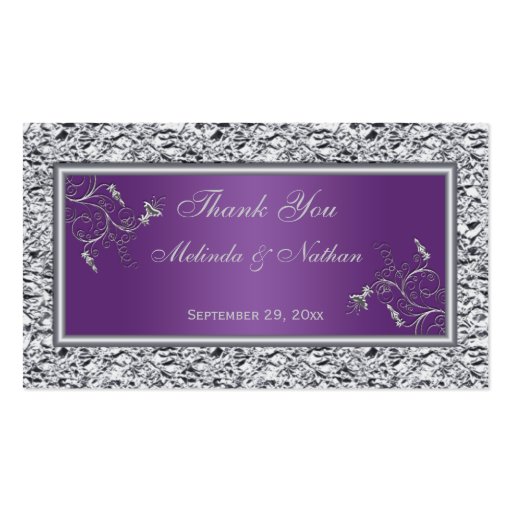 Purple and Silver Floral Wedding Favor Tag Business Card (front side)