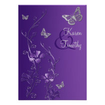 Purple and Silver Floral with Butterflies Invite invitations