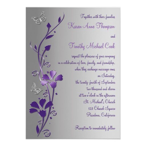 Purple and Silver Floral with Butterflies Invite