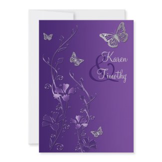 Purple and Silver Floral with Butterflies on Linen invitation