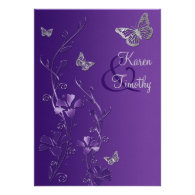 Purple and Silver Floral with Butterflies on Linen Personalized Invitation