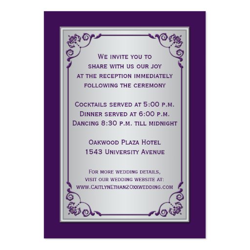 Purple and Silver Scroll Reception Enclosure Card Business Card Template (back side)